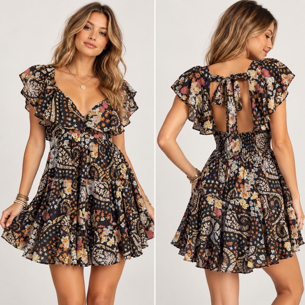 Free People Floral Paisley Mini Dress S Open Back Ruffles Folk Boho Prairie NWT